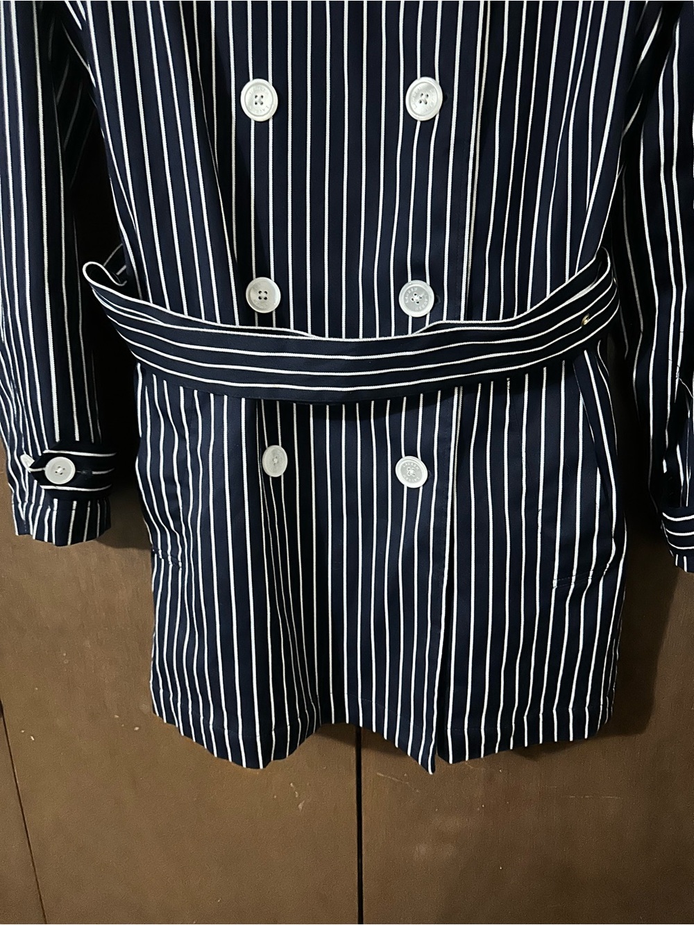 Lauren Ralph Lauren Navy White Stripes 100% Cotton Belted Trench Pea Coat Sz XL - Picture 4 of 14